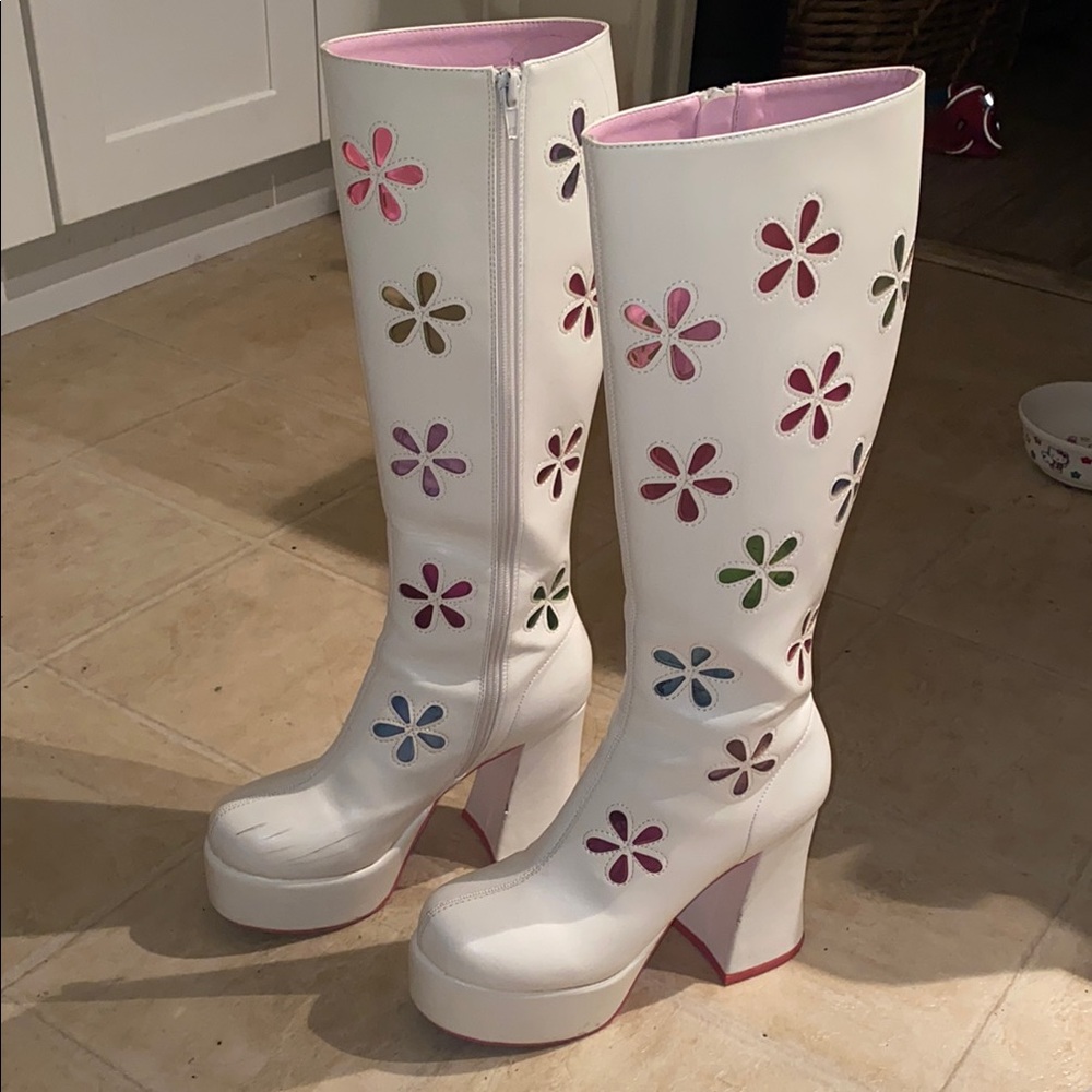 White and Pink Heeled Boots with Floral Design